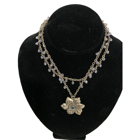 Vintage Costume Jewelry Flower Pendant 18 in Necklace Blue Jeweled Double Chain - Picture 1 of 7